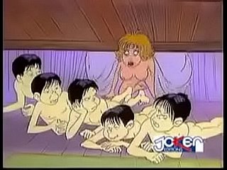 4 mannen batterij een meisje in cartoon.